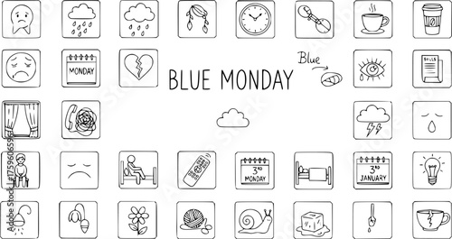 Blue Monday concept with hand-drawn sad doodles illustrating winter depression, negative emotions, and common struggles.