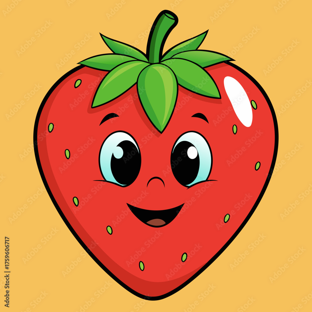 Obraz premium Cute cartoon strawberry character with a happy face and big eyes on a yellow background