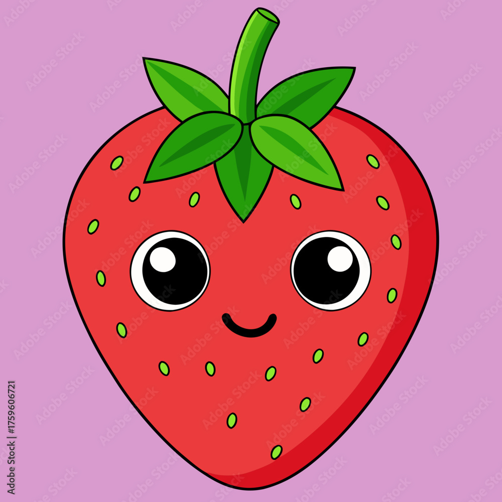 Obraz premium Cute happy strawberry character with big eyes and smiling face on pink background