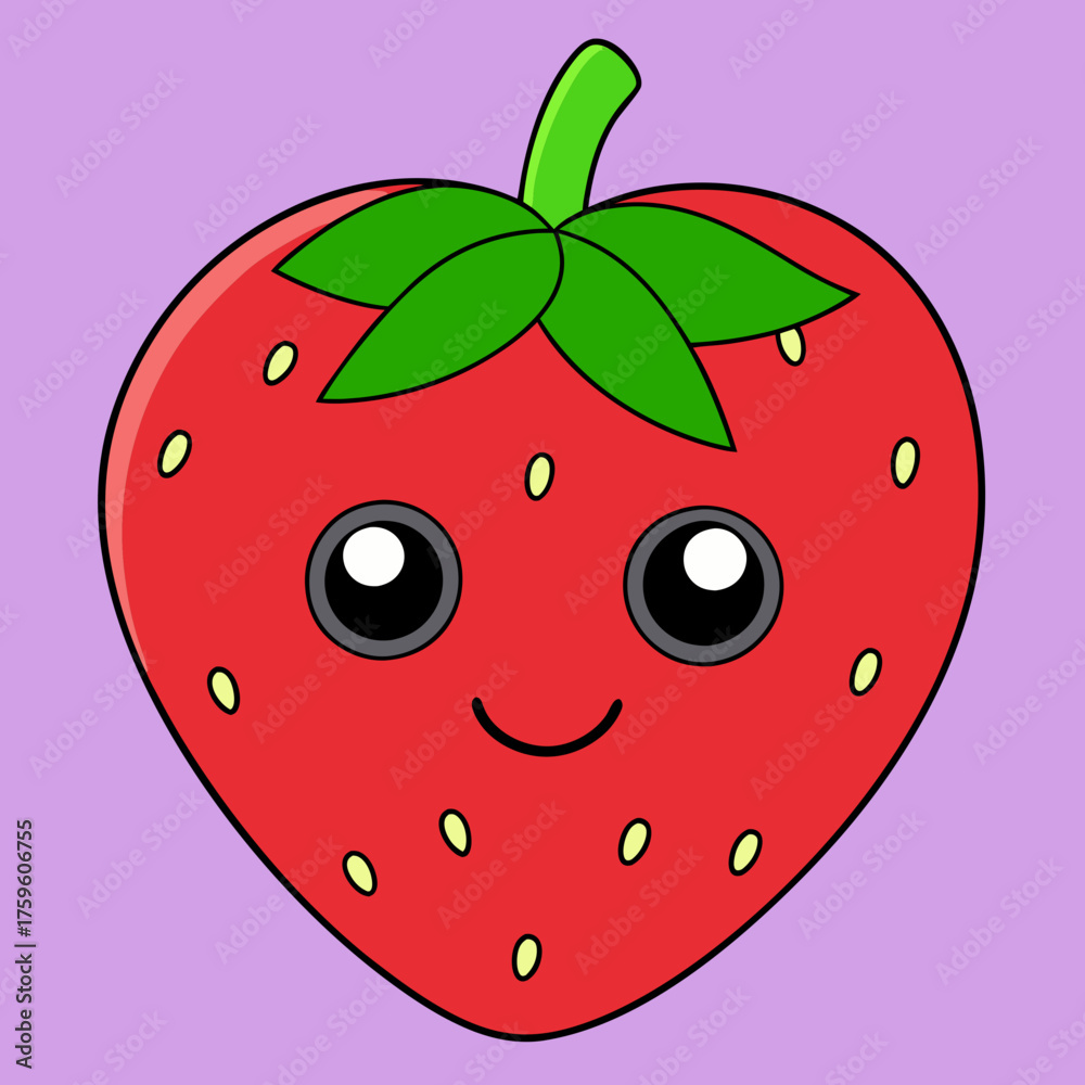 Obraz premium Cute cartoon strawberry character with a happy face and green leaves on a purple background