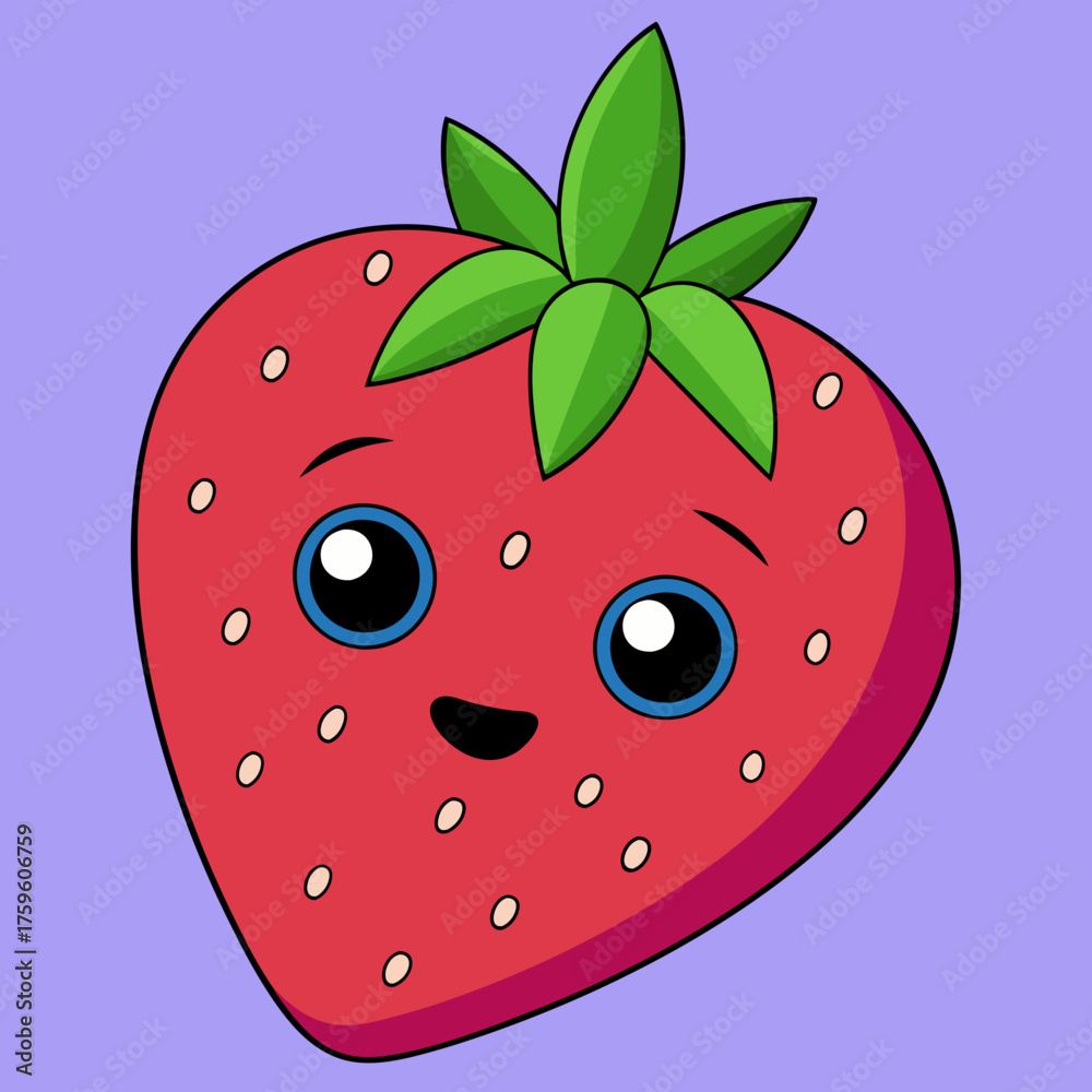 Obraz premium Cute cartoon strawberry character with big blue eyes and happy smile