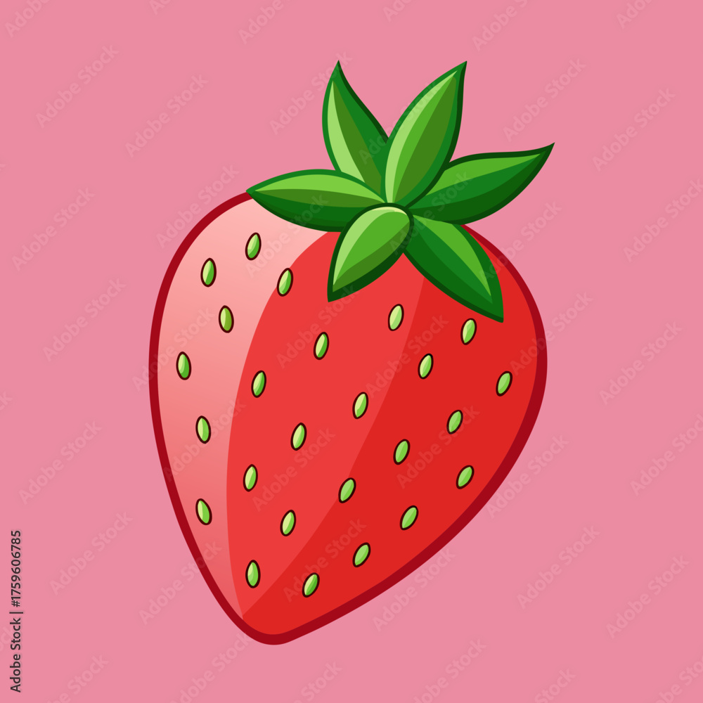 Obraz premium A vibrant cartoon illustration of a single ripe strawberry with green leaves on a pink background