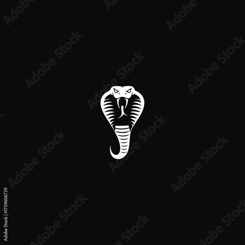 Powerful stylized white cobra snake head illustration on black. Dangerous reptile symbol, emblem, or icon with spread hood.