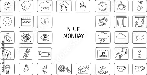 Blue Monday concept, a collection of hand-drawn doodle icons illustrating symptoms of depression, sadness, bad weather, and winter blues on a white background.