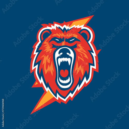 Dynamic bear head mascot logo with a lightning bolt, featuring an aggressive roaring grizzly face. Powerful sports team or e-sports graphic.