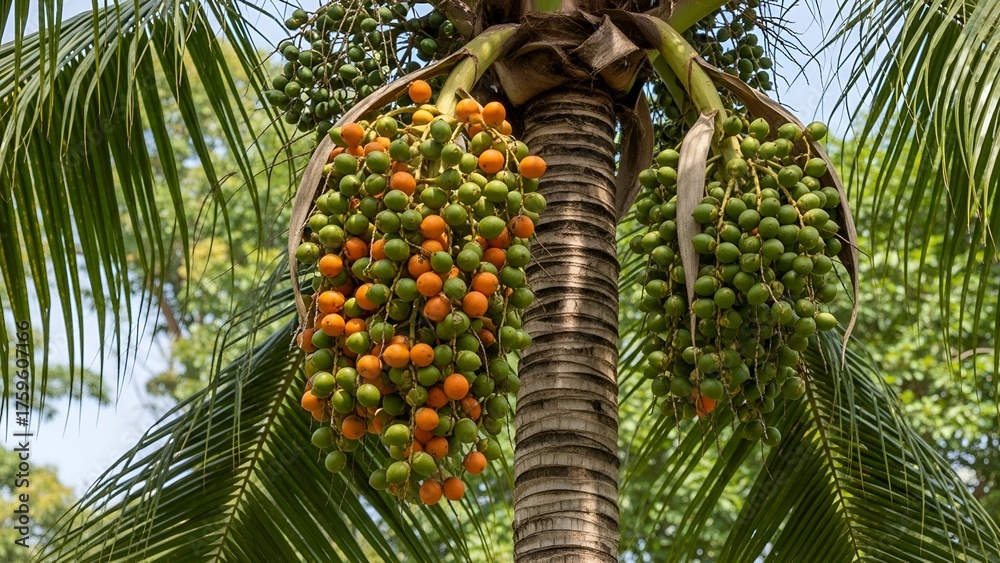 Fototapeta premium Palm Tree with Clusters of Green and Orange Fruit in Tropical Setting