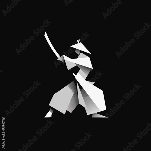 Abstract geometric samurai warrior with a katana sword in a dynamic action pose. Minimalist low poly traditional Japanese fighter illustration on black background.