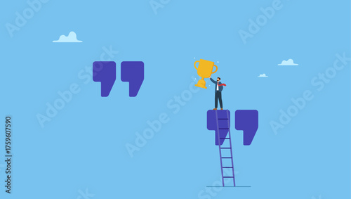 Success businessman on quotation mark. Motivation and inspiration quote to motivate employee to achieve success, personal development coaching, speech, message or announcement to inspire people.