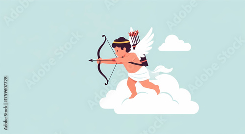 Dark-haired Cupid with a quiver of arrows, bow, and arrow, flying on a white cloud in a serene light blue sky, ready to shoot.