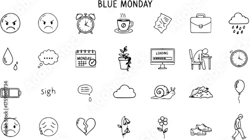 Hand-drawn Blue Monday icons set depicting emotions of sadness, stress, fatigue, slow productivity, and general melancholy associated with the most depressing day.