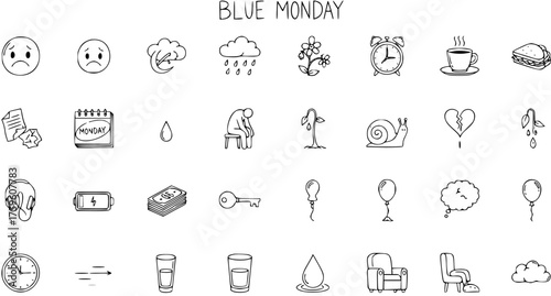Hand Drawn Blue Monday Concept Icons Set for Sadness, Depression, and Melancholy Feelings