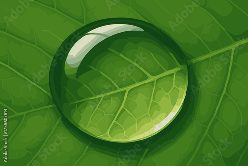 Raindrop surface magnifying leaf underlying illustration green raindroplet glossy veins simple vector