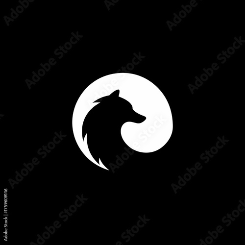 Minimalist white fox silhouette with a stylized crescent moon against a black background. Modern graphic icon design.
