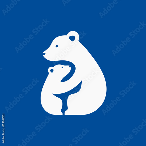 Minimalist graphic of a white mother bear lovingly embracing her cub on a blue background, symbolizing family love and protection.