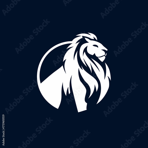 White majestic lion silhouette with a powerful mane in a round frame against a dark background, representing strength, courage, and leadership.