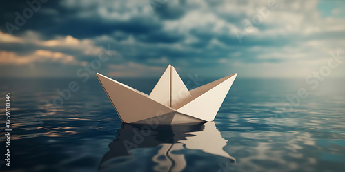Paper boat adrift on water, set against a moody sky, evoking dreams and fragility.