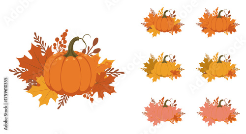 A collection of decorative autumn elements featuring pumpkins and fall leaves in various warm colors.