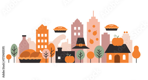 Thanksgiving cityscape illustration featuring buildings, pies, pumpkins, and a pilgrim hat, celebrating the holiday.