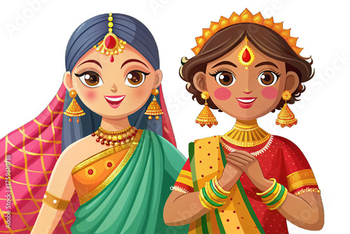 Vector of Indian woman dressed in colorful sari with golden border, jewelry, and henna design celebrating traditional Indian culture.