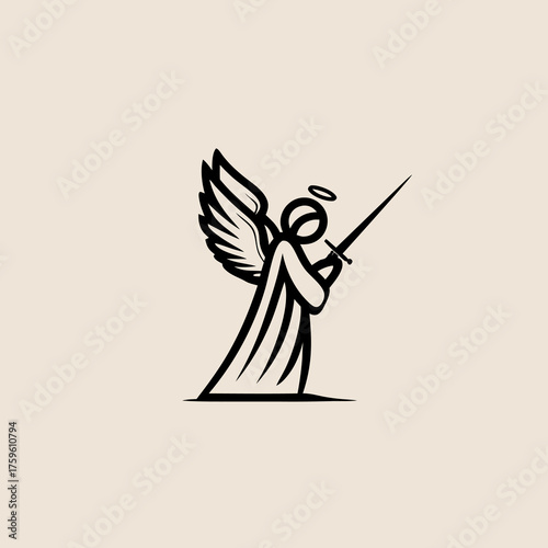 Minimalist black and white warrior angel illustration with sword, halo, and wings, symbolizing divine protection and spirituality.