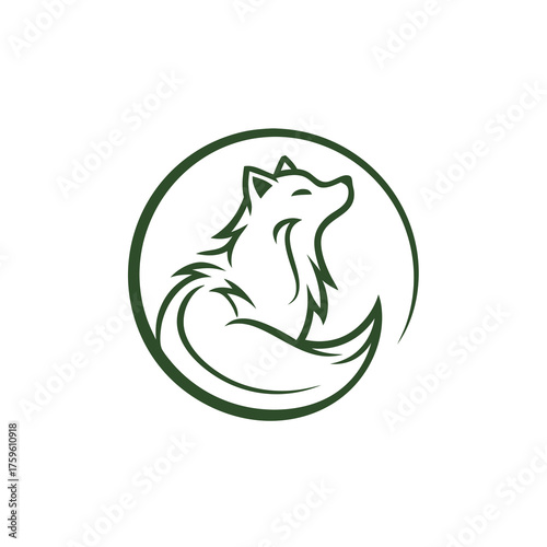 Stylized green fox illustration in a circular frame. Modern minimalist animal head design for wildlife, nature, or brand logo concept.