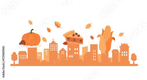 A whimsical cityscape silhouette adorned with Thanksgiving harvest elements like a pumpkin, a slice of pie, and corn, set against a backdrop of falling autumn leaves.