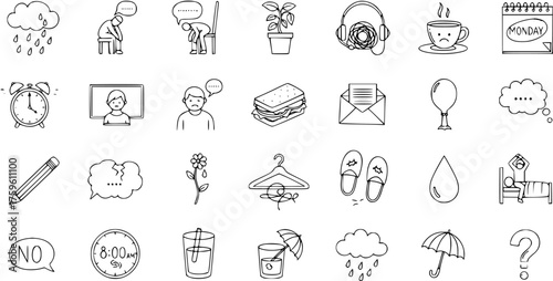 Hand-drawn doodle icon set depicting everyday life, emotions, work, weather, and common objects in a simple line art style.
