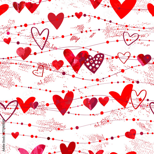 Adorable red hearts. Love background. Vector illustration. Seamless pattern. Design for fabric, paper.