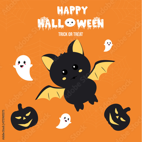 Happy Halloween Trick or treat vector design with spooky cute bat, ghost and pumpkin illustration.