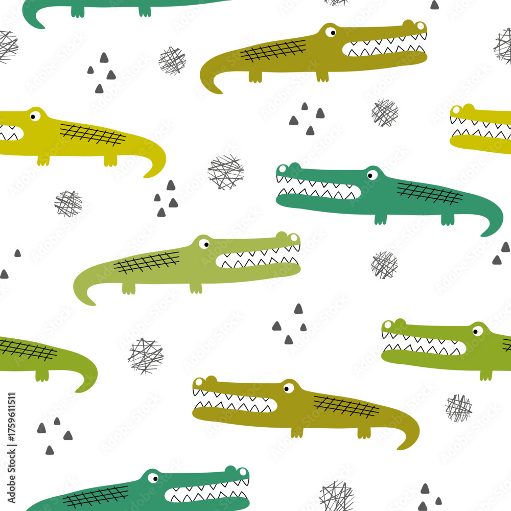 Fototapeta premium Cartoon crocodile pattern. Vector seamless background with alligators. Baby print