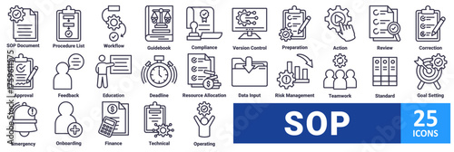 SOP (Standard Operating Procedure) icon set. with icon SOP Document,Procedure List,Workflow ,Guidebook,Compliance ,Preparation ,Action,Review  ,Correction ,Approval ,Feedback ,Education,Deadline,Resou