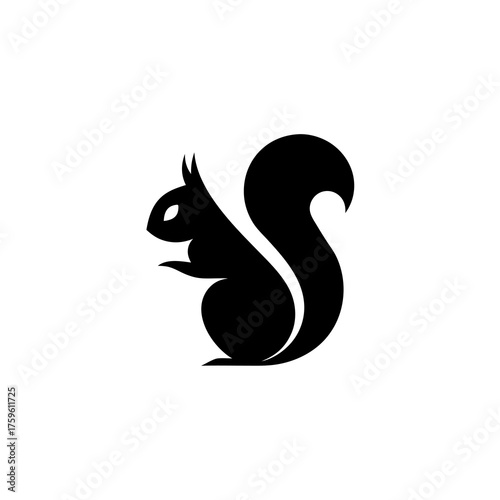 Minimalist black squirrel silhouette vector illustration, standing on hind legs with a bushy tail, isolated on white background