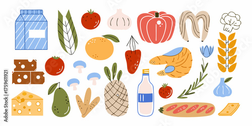 A whimsical collection of fresh foods and groceries illustrated in a flat design style