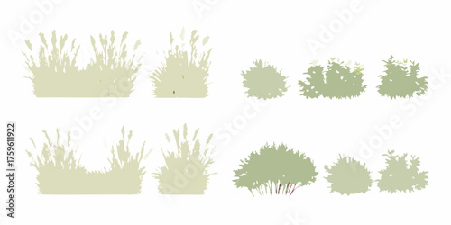 Collection of stylized grass and bush silhouettes in muted green and beige tones on a white background