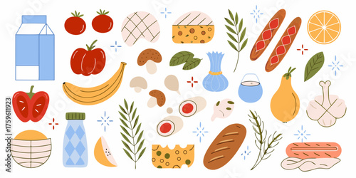 A colorful and playful collection of fresh food items and ingredients arranged in a flat design style on a white background