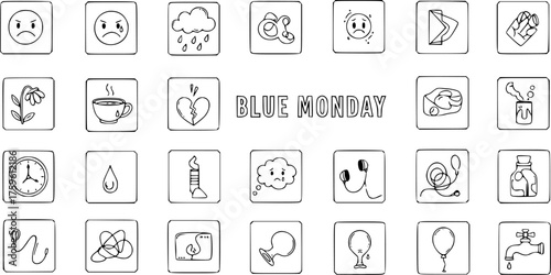 Hand-drawn vector icons for Blue Monday, depicting sadness, depression, and stress with various symbolic elements and emotional expressions.