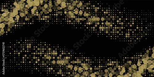 Abstract luxury banner with golden glittering dots on black background. Sparkling glitter bottom border, vector frame. Halftone effect. Magical gold dust. Pop art style backdrop.