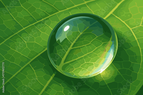 Refracting vector macro beneath dewdrop droplet effect illustration veins detailed leaf