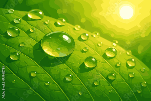 Green illustration sun random lustrous macro vector leaf surface under glowing dew