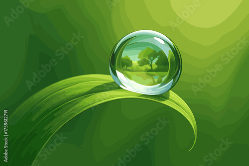 Inverted simple background leaf droplet resting reflecting vector illustration dewdrop details inside