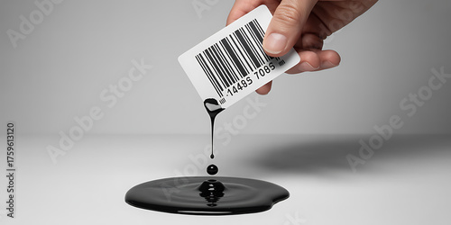 Black liquid drips from a barcode, symbolizing data corruption or a loss of information.