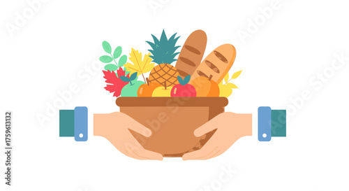 A person's hands holding a bowl filled with various fruits and bread.