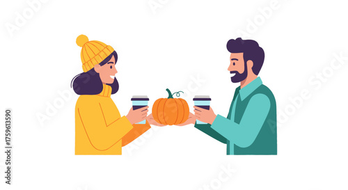 A couple sharing a pumpkin and coffee, celebrating autumn season together.
