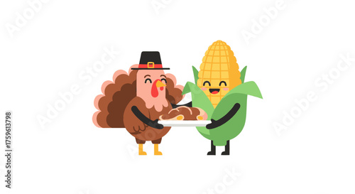 A cute cartoon turkey and corn character celebrating Thanksgiving with a platter of food on a white background.