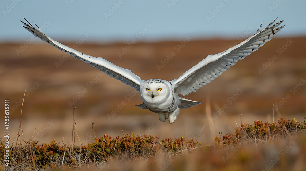 Obraz premium Majestic snowy owl soars through the sky, wings spread wide against a muted landscape.