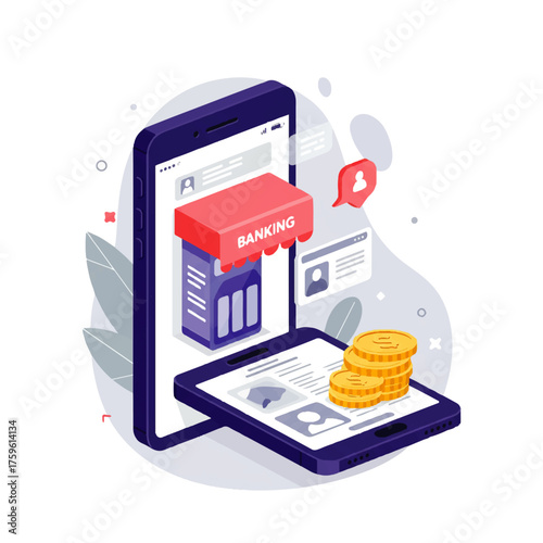 Digital banking illustration: A mobile phone displays a bank facade, with coins and profile information.