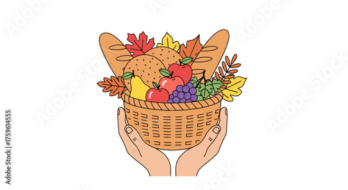 Illustration of hands holding a basket filled with bread, fruit, and autumn leaves.