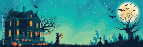 Haunted Halloween house, spooky graveyard, glowing pumpkins, witch with lantern, ghostly silhouettes, eerie full moon, bats flying, festive seasonal night illustration