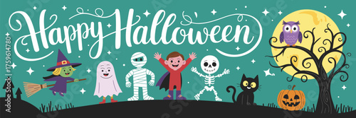 Happy Halloween text, cartoon witch, ghost, mummy, vampire, skeleton, spooky owl, black cat, pumpkin, festive seasonal illustration, playful design
