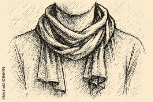 Neck scarf vector crosshatched illustration draped dynamic shadows sketch around